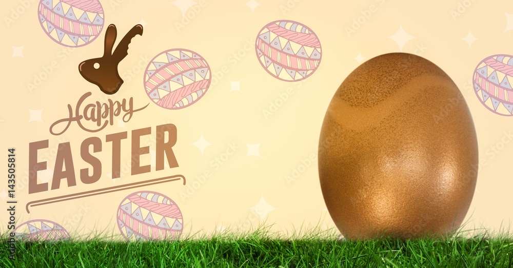 Poster happy easter text with easter egg in front of pattern