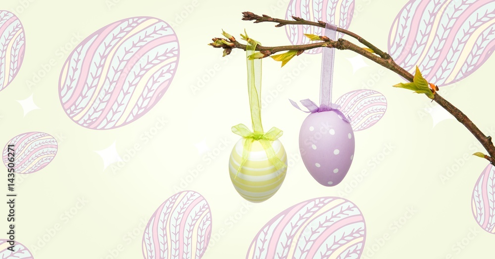 Poster easter eggs hanging on branch in front of pattern