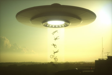 3D illustration. Concept of alien abduction. People levitating into the alien ship. © ktsdesign