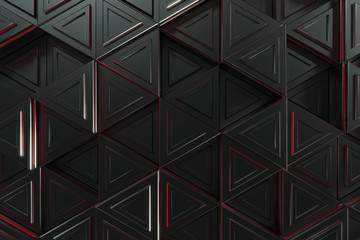 Pattern of black triangle prisms with red glowing lines