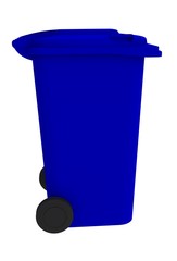 Beside view of blue garbage wheelie bin with a closed lid on a white background, 3D rendering