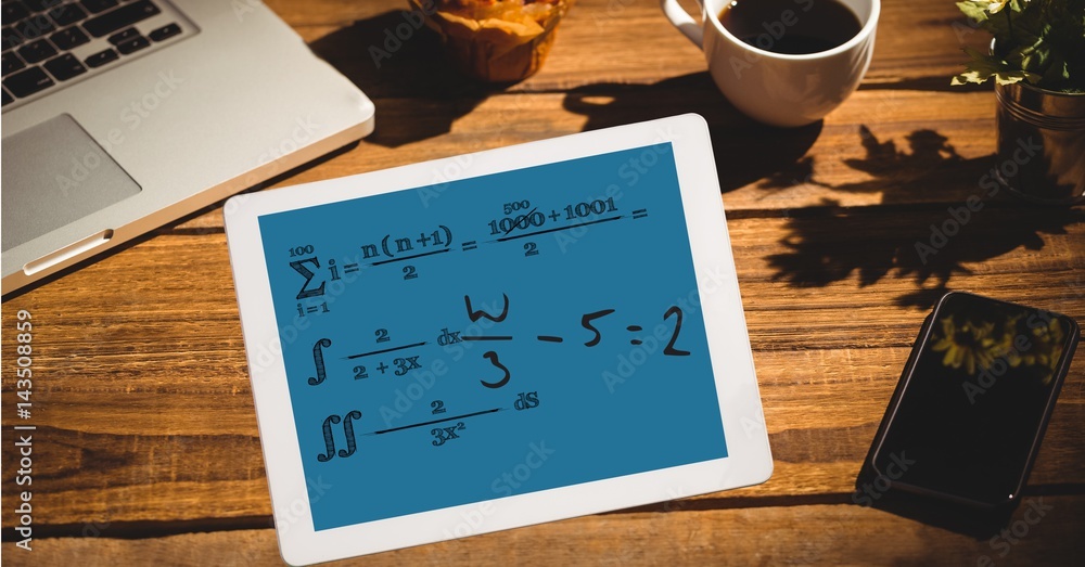 Poster Math equation of tablet PC's screen at outdoor cafe