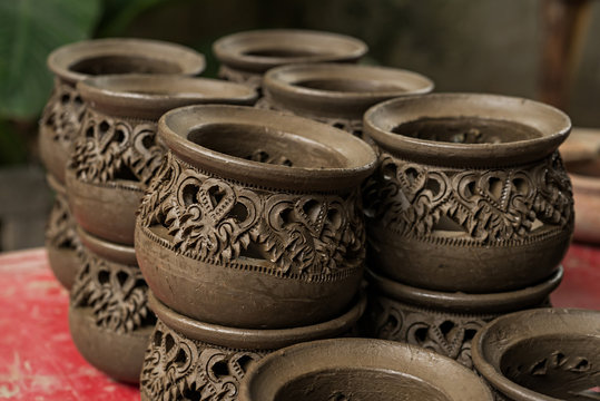 Earthenware  manufacture ceramics processes, selective focus (detailed close-up shot)