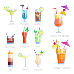 Set of alcoholic cocktails isolated fruit cold drinks tropical cosmopolitan freshness collection and party alcohol sweet tequila vector illustration.