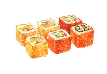 California rolls. Watercolor illustration isolated on white background