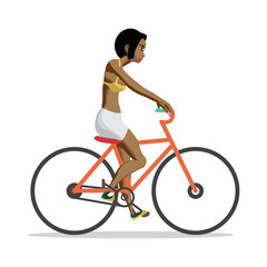 Young afro woman rides red bike on isolated background. Girl pedaling on summer time. Flat vector cartoon illustration