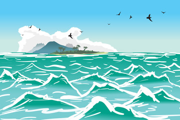 Tropical island wave. Sea summer landscape. Vector cartoon flat illustration