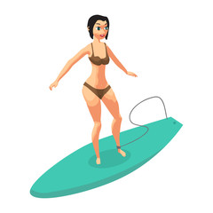 Young woman in bikini surfing. Girl surfer. Vector flat cartoon illustration isolated on a white background