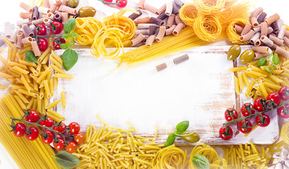 Various types of Italian pasta with vegetables.