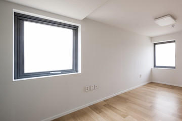 white empty room with window, wardrobe, door at the day.