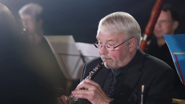  Symphony orchestra during a performance with focus on oboist. 