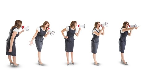 Obraz premium Multiple image of businesswoman screaming in megaphone