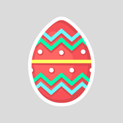 Easter red egg isolated on a gray background. Volumetric with a white outline, with colored contrasting ornament of zig zag, cut and points.