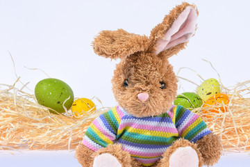 Ein Osterhase vor einem Nest mit Osterei Oster Dekoration Tradition