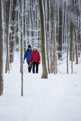 Couple snow shoes in the forest in the winter