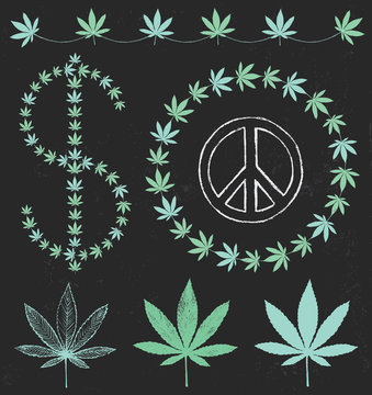 Cannabis Leaf Chalk Drawing Design Elements Vector Set