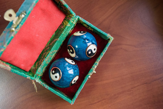 Closeup of blue Chinese Baoding balls in box