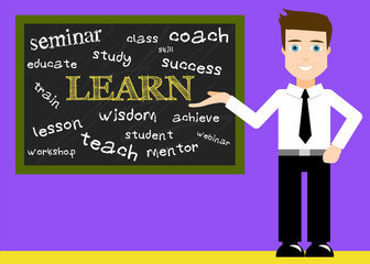 Teacher Showing Blackboard with Learn Text and other Terms about Education