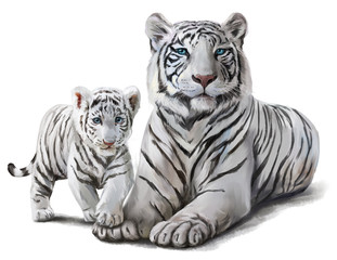 Naklejka premium Akwarela malarstwo białe tygrysy