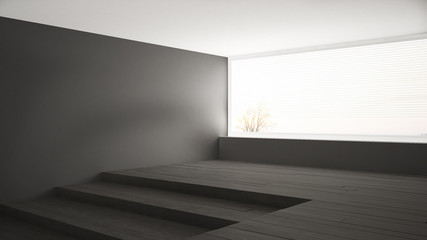 Fototapeta na wymiar Empty room with big panoramic window and stairs, minimalist gray scandinavian interior design