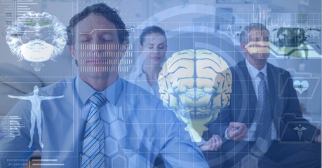 Double exposure of brains and business people meditating