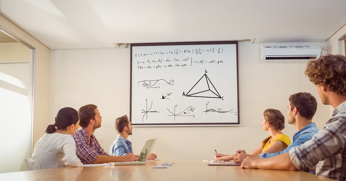 Business people looking at match equation on screen - Powered by Adobe