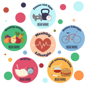 Healthy lifestyle infographic banner. Flat vector icons on colorful circles background