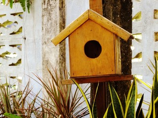 wooden bird house in garden outdoors