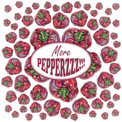 Illustration with red peppers drawn by hand with colored pencil and with logotype in center. Drawing with crayons. Fresh tasty vegetables painted from nature