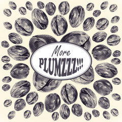 Illustration with plums drawn by hand with colored pencil and with logotype in center. Drawing with crayons. Fresh tasty fruits and berries painted from nature. Tinted black and white