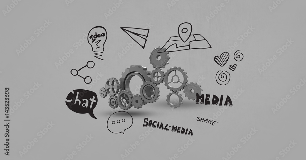 Poster digital composite image of gears with icons and text