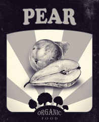 Flyer with pears drawn by hand with pencil. Retro design. Drawing with crayons. Fresh tasty fruits painted from nature. Tinted black and white.