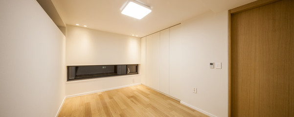 white empty room with wardrobe, interior panorama