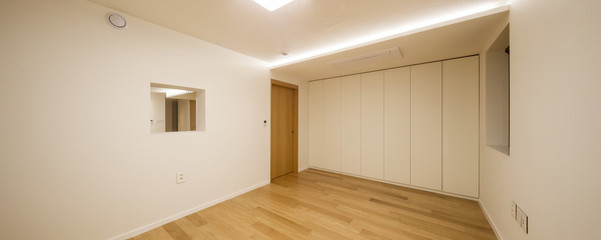 white empty room with wardrobe, interior panorama