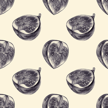 Seamless pattern with cut figs drawn by hand with pencil. Healthy vegan food. Fresh tasty fruits and berries painted from nature.