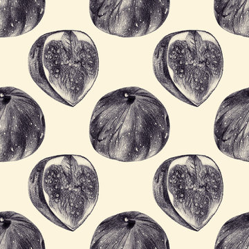 Seamless pattern with figs drawn by hand with pencil. Healthy vegan food. Fresh tasty fruits and berries painted from nature.