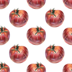 Seamless pattern with red tomatoes drawn by hand with colored pencil. Healthy vegan food. Fresh tasty vegetables painted from nature