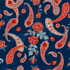 Paisley and roses on a dark blue background. Seamless floral vector pattern. Template for printing onto fabric, wrapping paper, textiles.  Limited palette