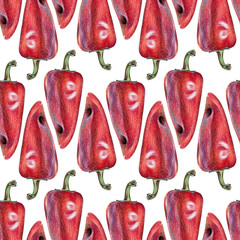 Seamless pattern with red peppers drawn by hand with colored pencil. Healthy vegan food. Fresh tasty vegetables painted from nature