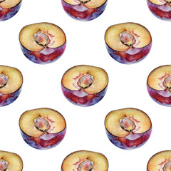 Naklejka na ściany i meble Seamless pattern with cut red plums drawn by hand with colored pencil. Healthy vegan food. Fresh tasty fruits and berries painted from nature