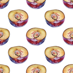 Seamless pattern with cut red plums drawn by hand with colored pencil. Healthy vegan food. Fresh tasty fruits and berries painted from nature