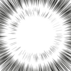 Comic book radial lines background. Black and white rays. Manga explosion with speed lines.