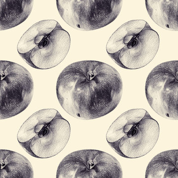 Seamless pattern with apples drawn by hand with pencil. Healthy vegan food. Fresh tasty fruits painted from nature. Tinted black and white