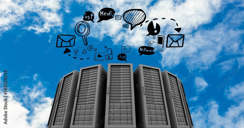 Aufkleber digital composite image of servers with icons in sky