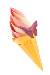 Fruit pink and vanilla ice-cream in waffle cone with purple