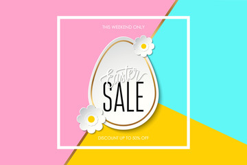 Easter Sale this weekend only special offer banner wit easter egg, flowers and handwritten text design on color background for business, promotion and advertising. Vector illustration.