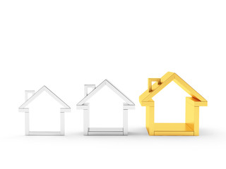 Real estate concept. Graph of silver and golden houses icons isolated on white background. 3D illustration