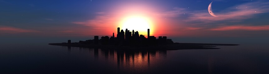 Sunset over the city at sea, the sea city at sunset, 3d rendering
