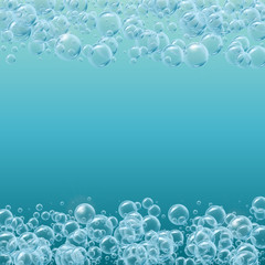 Square frame of realistic water bubbles with place for text. Shampoo or soup foam lines. Deep sea with bubbles and sprays underwater. Good for greeting card design, banner, flyer, party invitation.