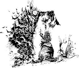 hand drawn expression illlustration with polar bear, deers, wolf, birds. wild forest theme